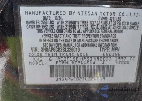 2025 Nissan Kicks Sv Intelligent Awd from USA, damaged, VIN 3N8AP6CB2SL326019